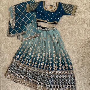 Stunning Gradient Blue and Gold Lehenga Choli with Dupatta